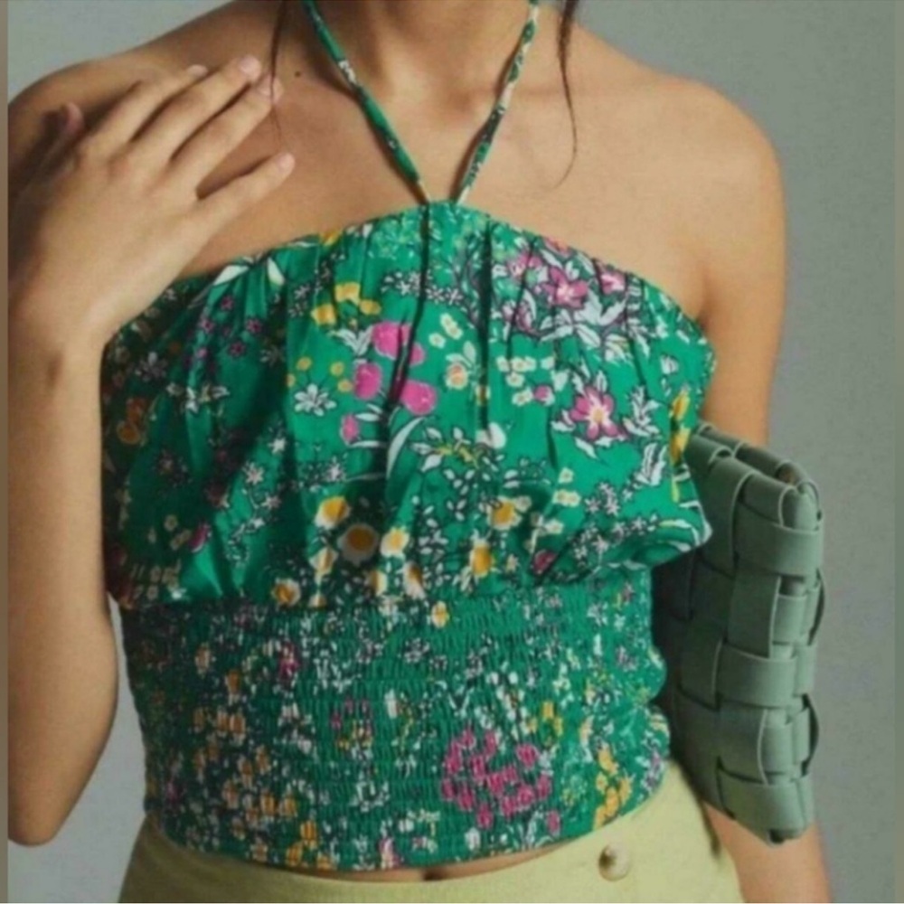 Anthropologie Maeve Green floral Smocked Halter Top   Size Large